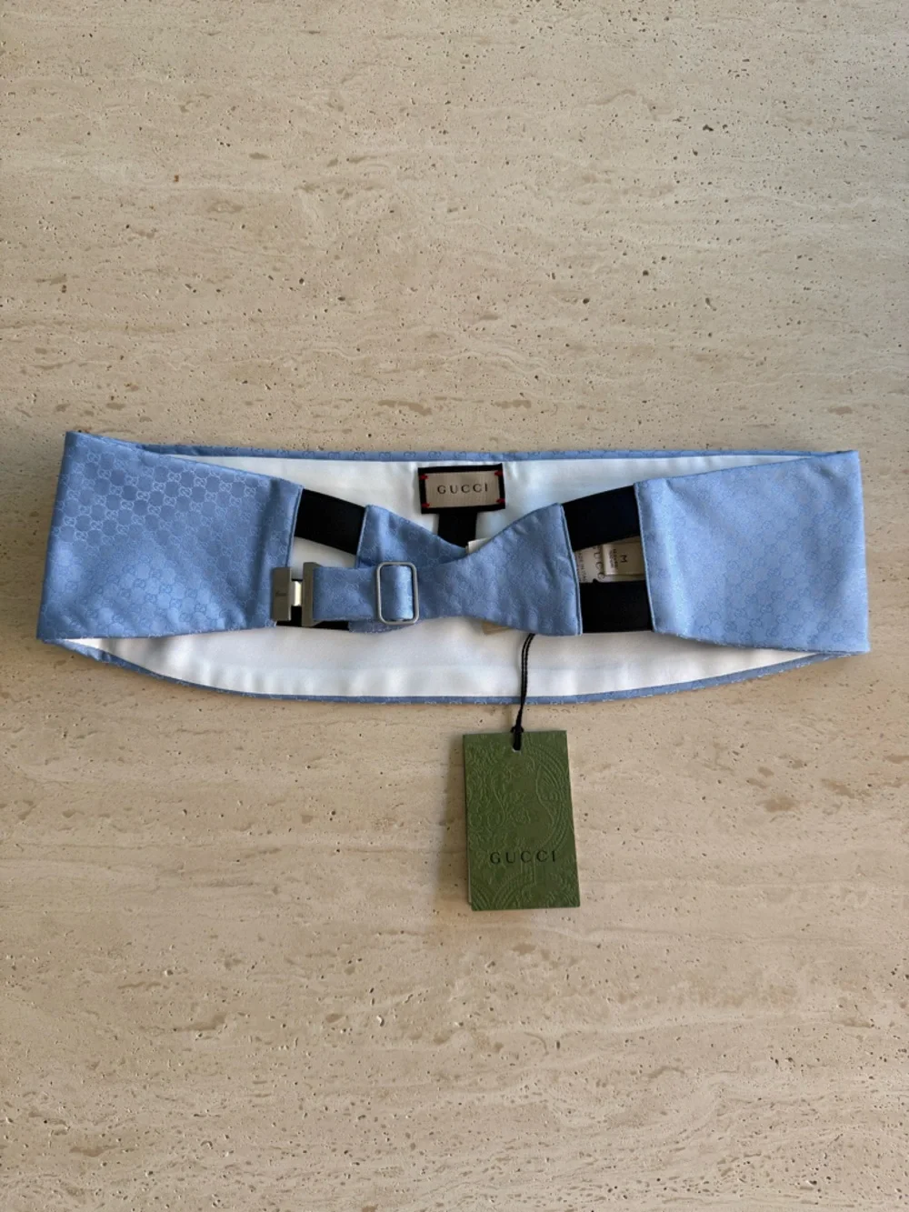 NWT GUCCI SILK CUMMERBUND WITH GG PATTERN LIGHT BLUE Sz M 💙